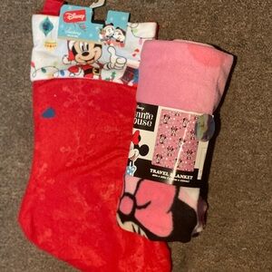 NWOT Mickey stocking and Minnie blanket